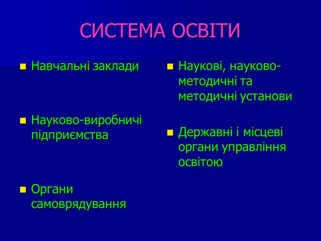 СИСТЕМА ОСВІТИ Навчальні заклади Науково-виробничі підприємства Органи самоврядування Наукові, науково-методичні та методичні установи Державні